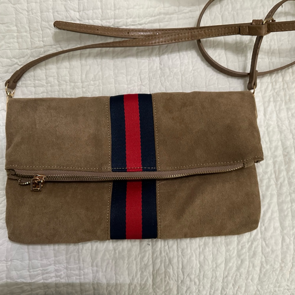 Social Threads faux suede striped clutch/crossbody